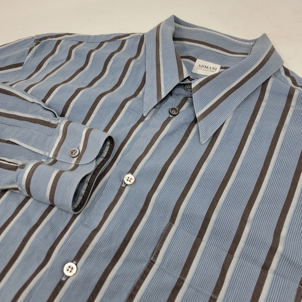 Armani Collezioni Blue / Brown Striped Long Sleeve Button Down‎ Shirt Men's XL